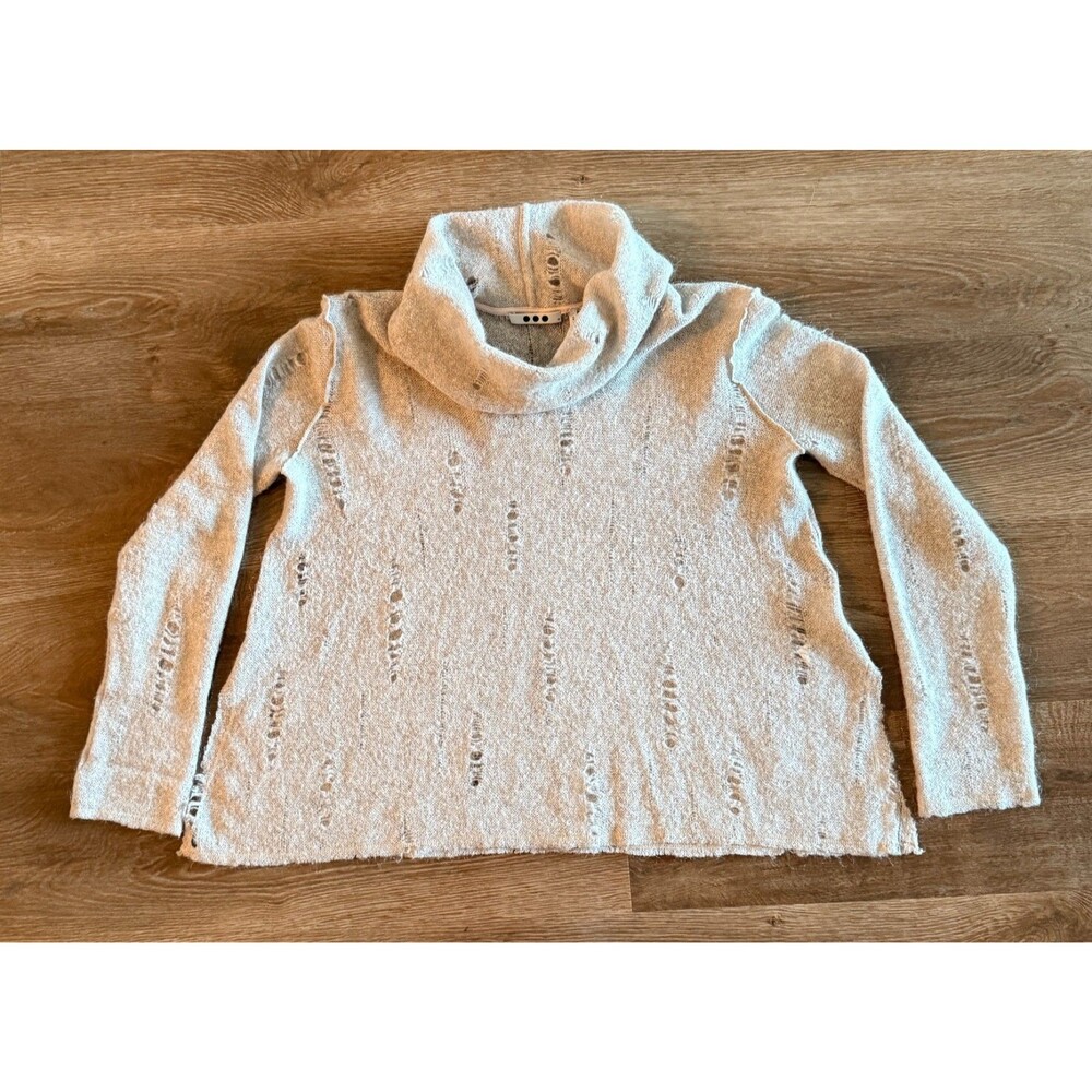 Three Dots Distressed Mohair Blend Turtleneck Sweater XS Beige Made in USA